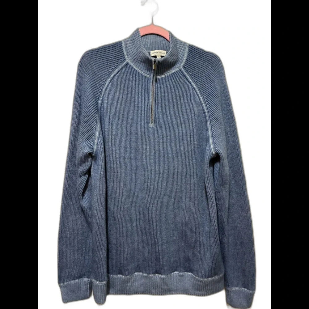 Peter Millar Dusty Blue Ribbed Quarter-Zip Sweater Merino Wool size xl
